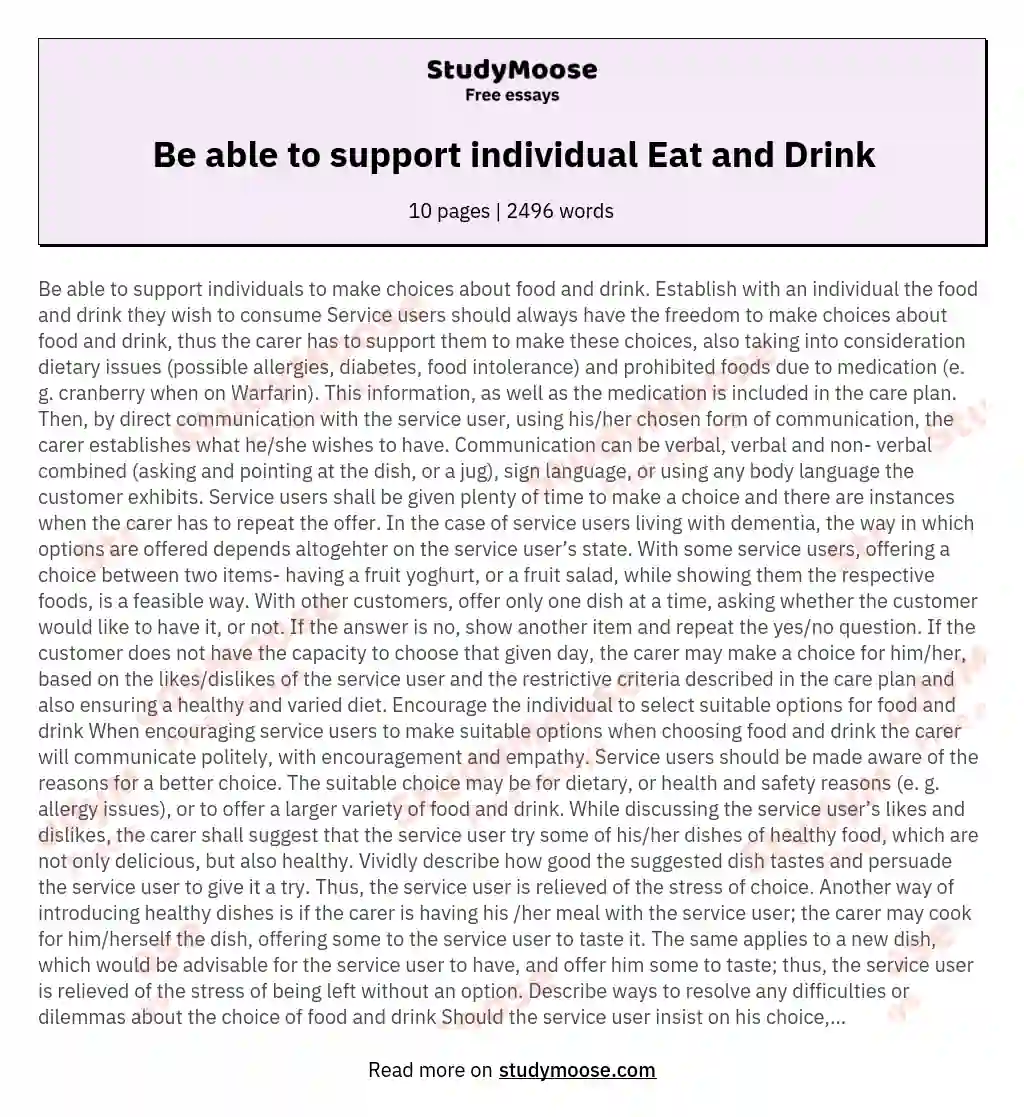 Be able to support individual Eat and Drink essay