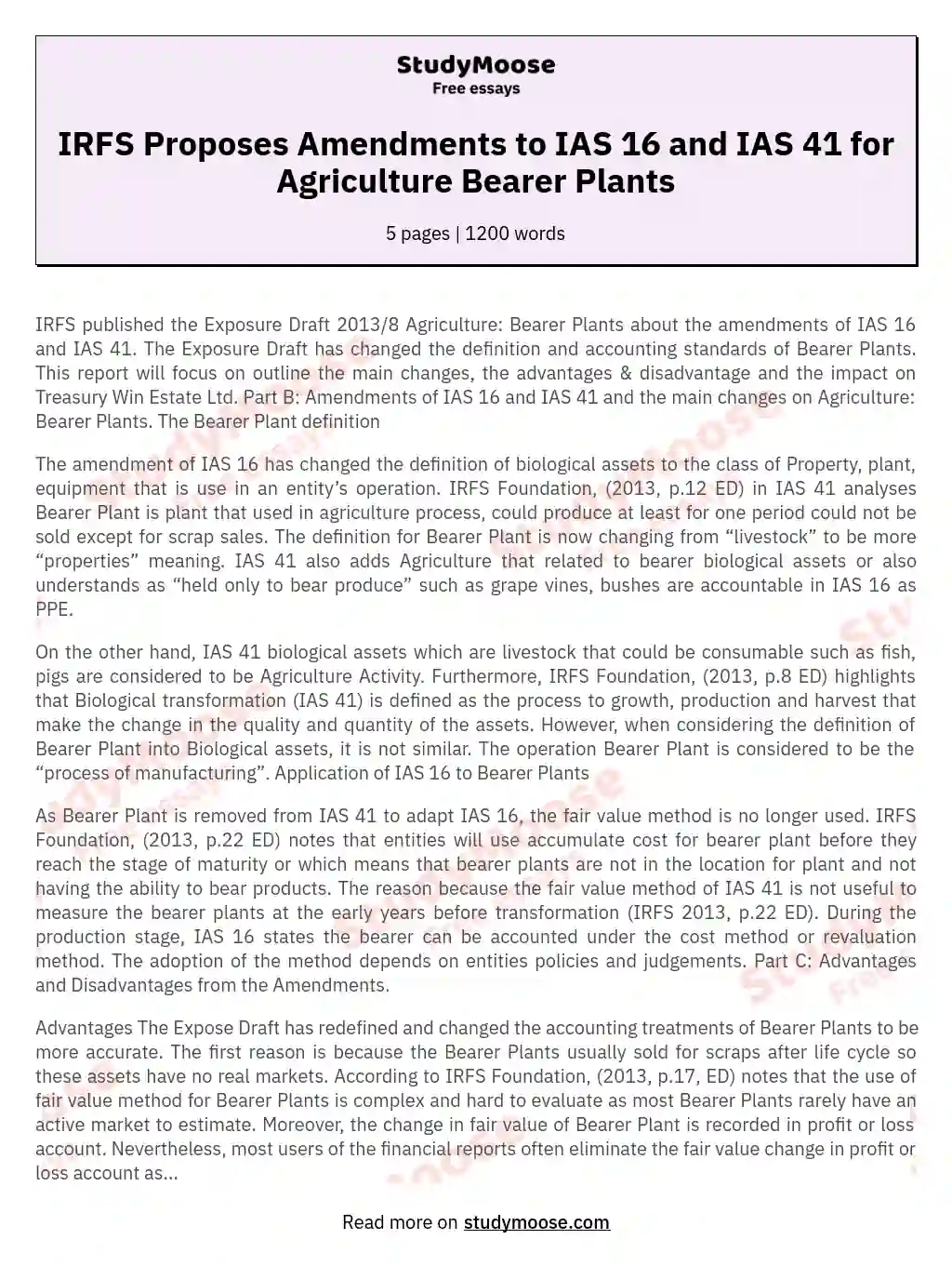 IRFS Proposes Amendments to IAS 16 and IAS 41 for Agriculture Bearer Plants essay