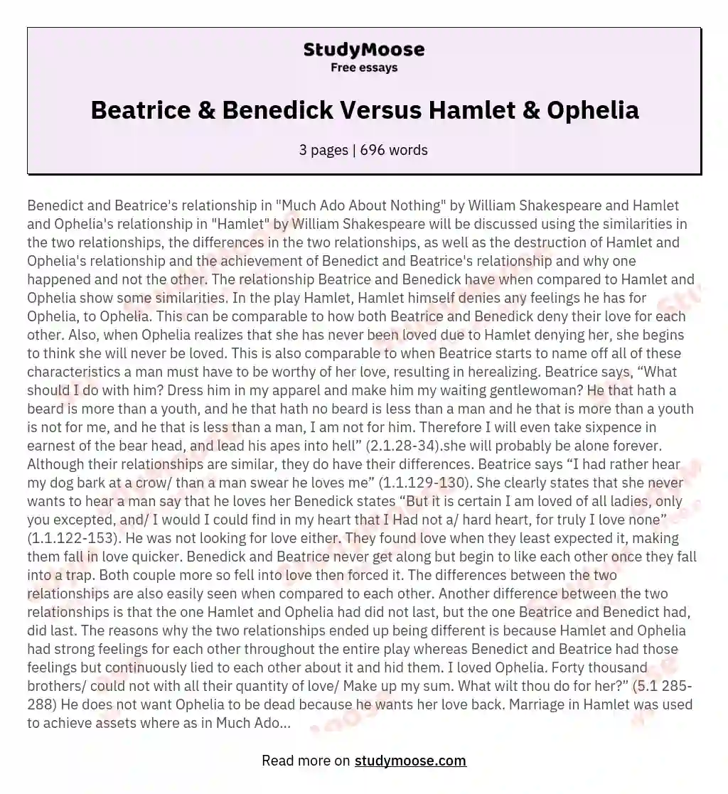Beatrice & Benedick Versus Hamlet & Ophelia essay
