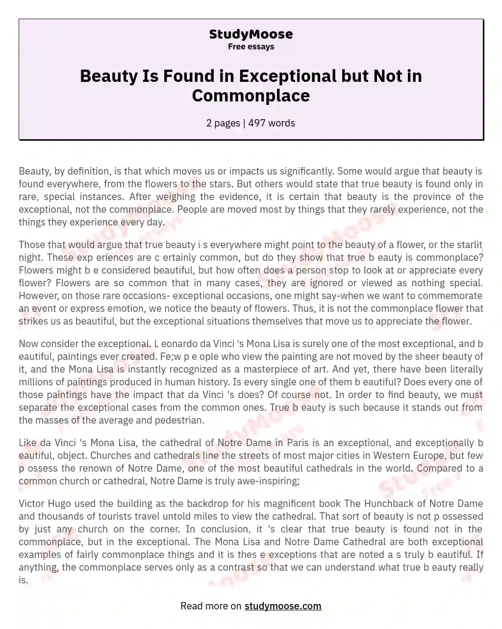 Beauty Is Found in Exceptional but Not in Commonplace essay