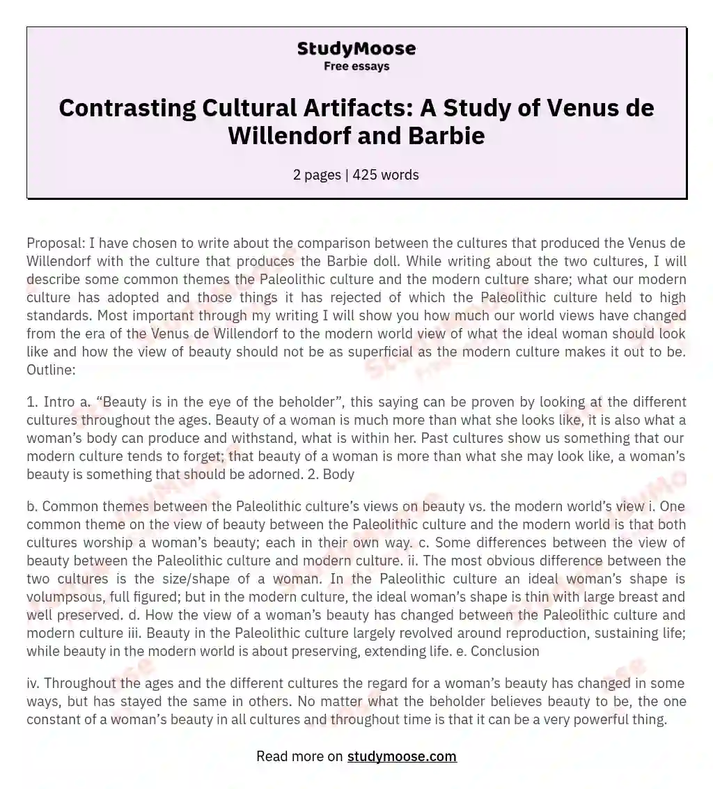 Contrasting Cultural Artifacts: A Study of Venus de Willendorf and Barbie essay