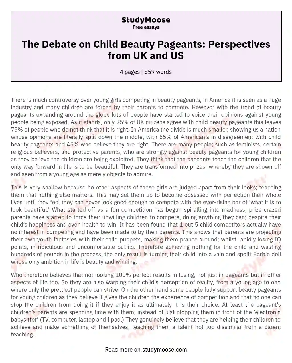 The Debate on Child Beauty Pageants: Perspectives from UK and US essay