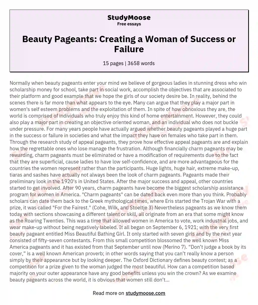 Beauty Pageants: Creating a Woman of Success or Failure essay