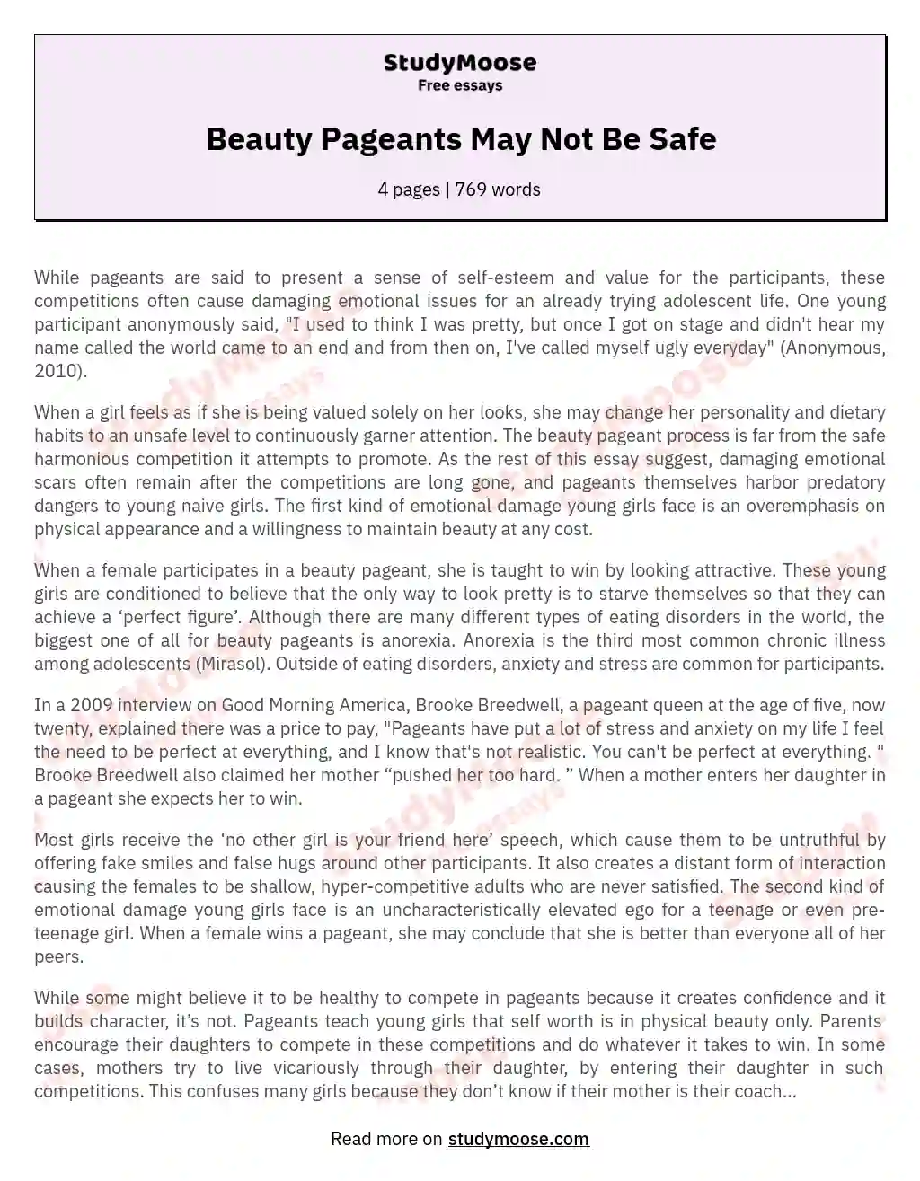 Beauty Pageants: Unveiling the Emotional Toll on Young Girls essay