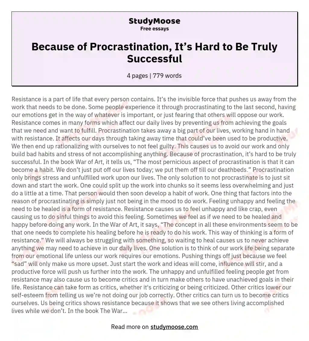 Because of Procrastination, It’s Hard to Be Truly Successful essay