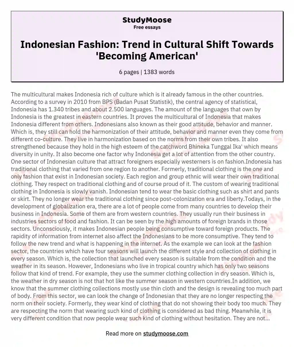 Indonesian Fashion: Trend in Cultural Shift Towards 'Becoming American' essay