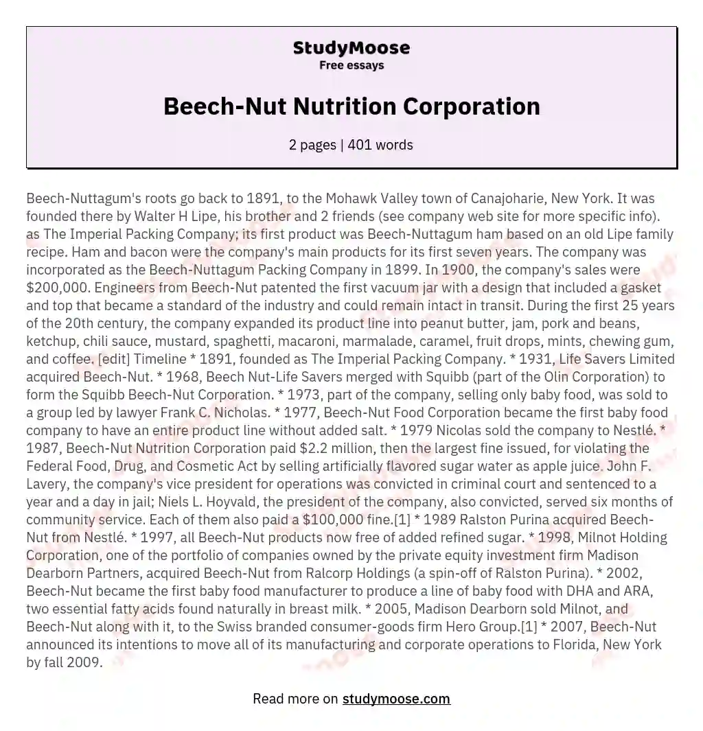 Beech-Nut Nutrition Corporation essay