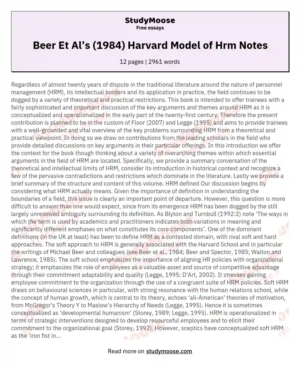 Beer Et Al’s (1984) Harvard Model of Hrm Notes essay