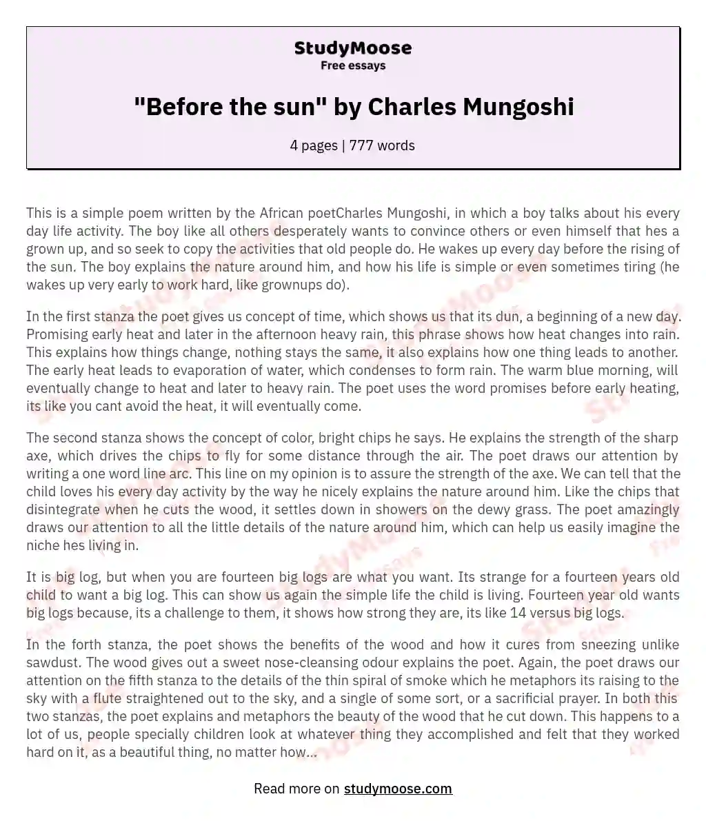"Before the sun" by Charles Mungoshi essay