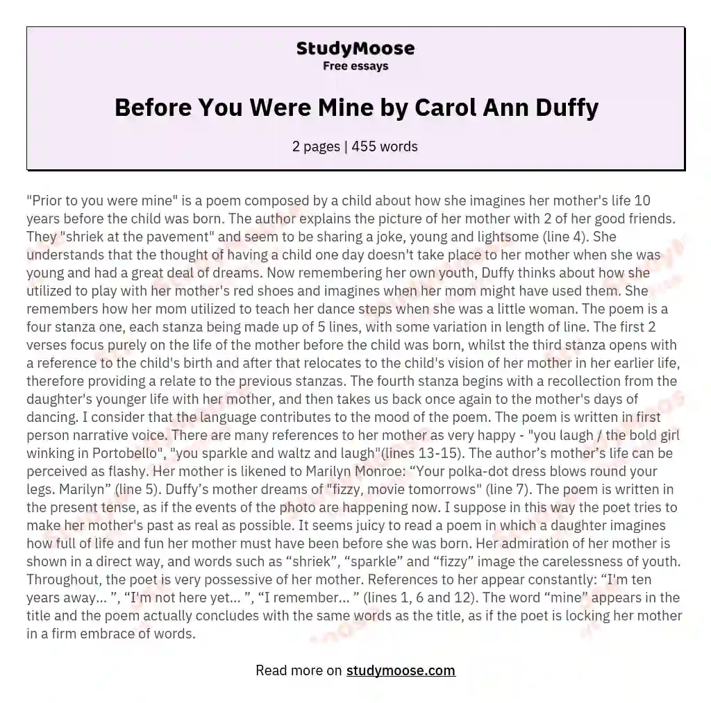 Before You Were Mine by Carol Ann Duffy essay