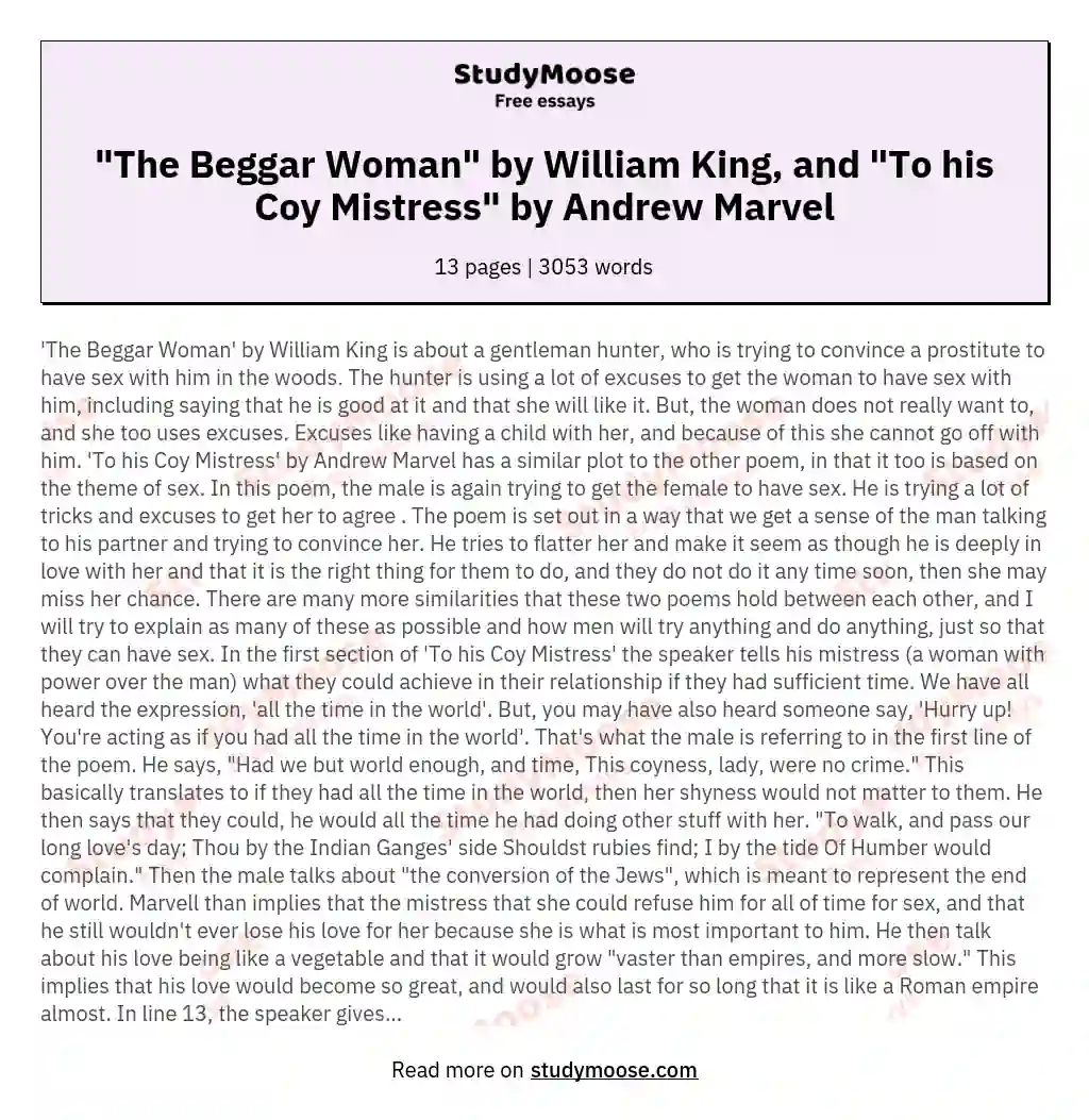 "The Beggar Woman" by William King, and "To his Coy Mistress" by Andrew Marvel essay