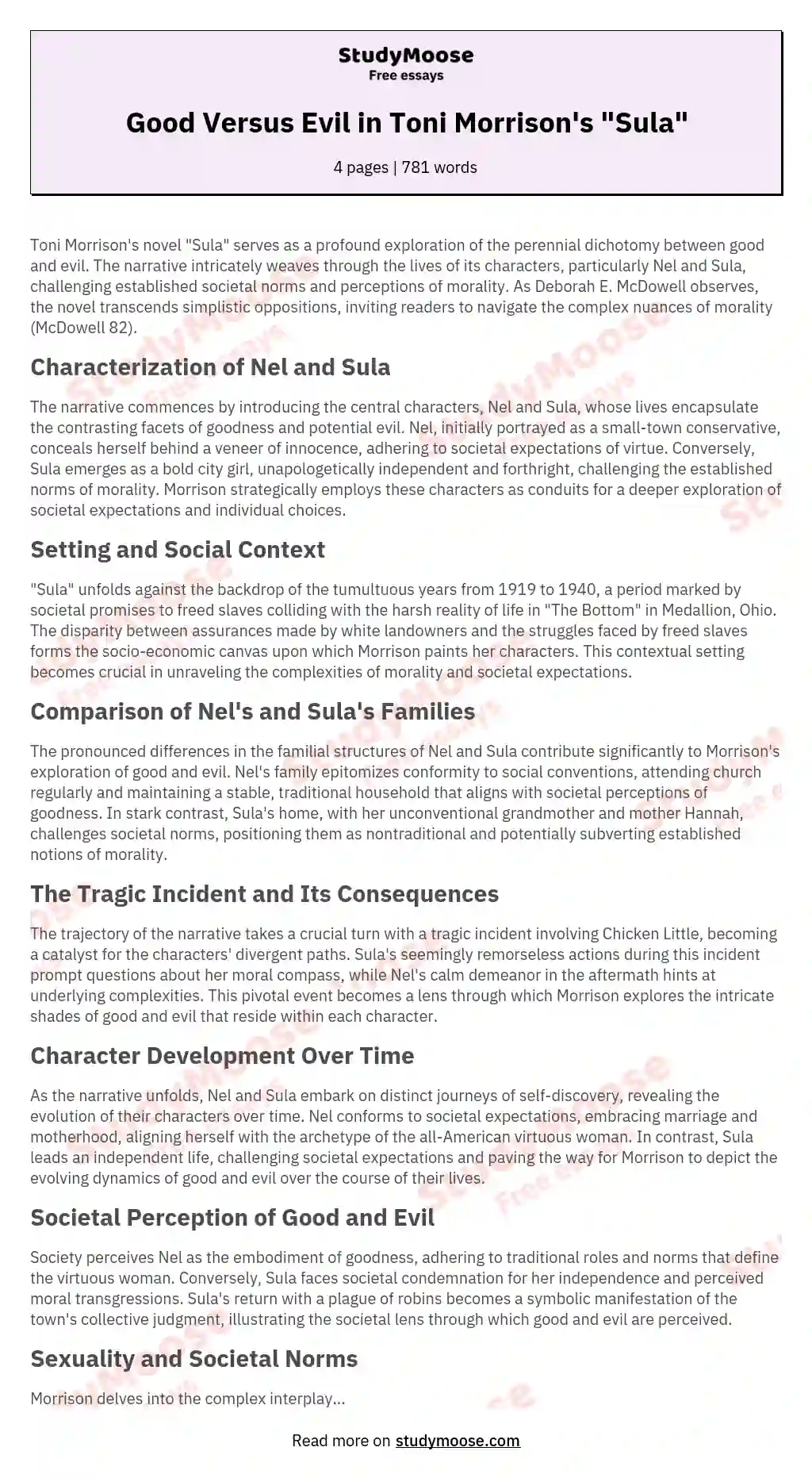 Behavior and Qualities of Characters in Novel Sula