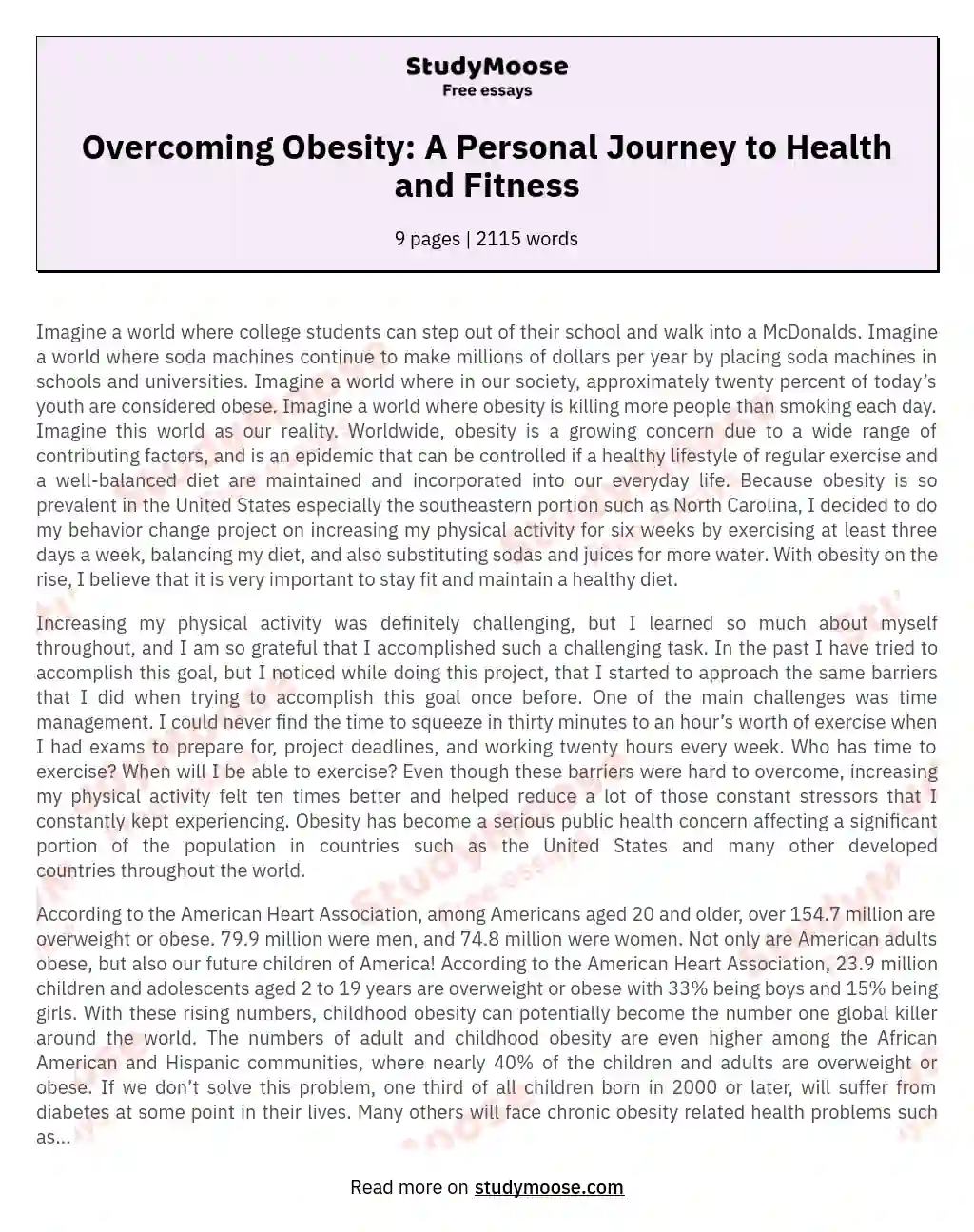 Overcoming Obesity: A Personal Journey to Health and Fitness essay