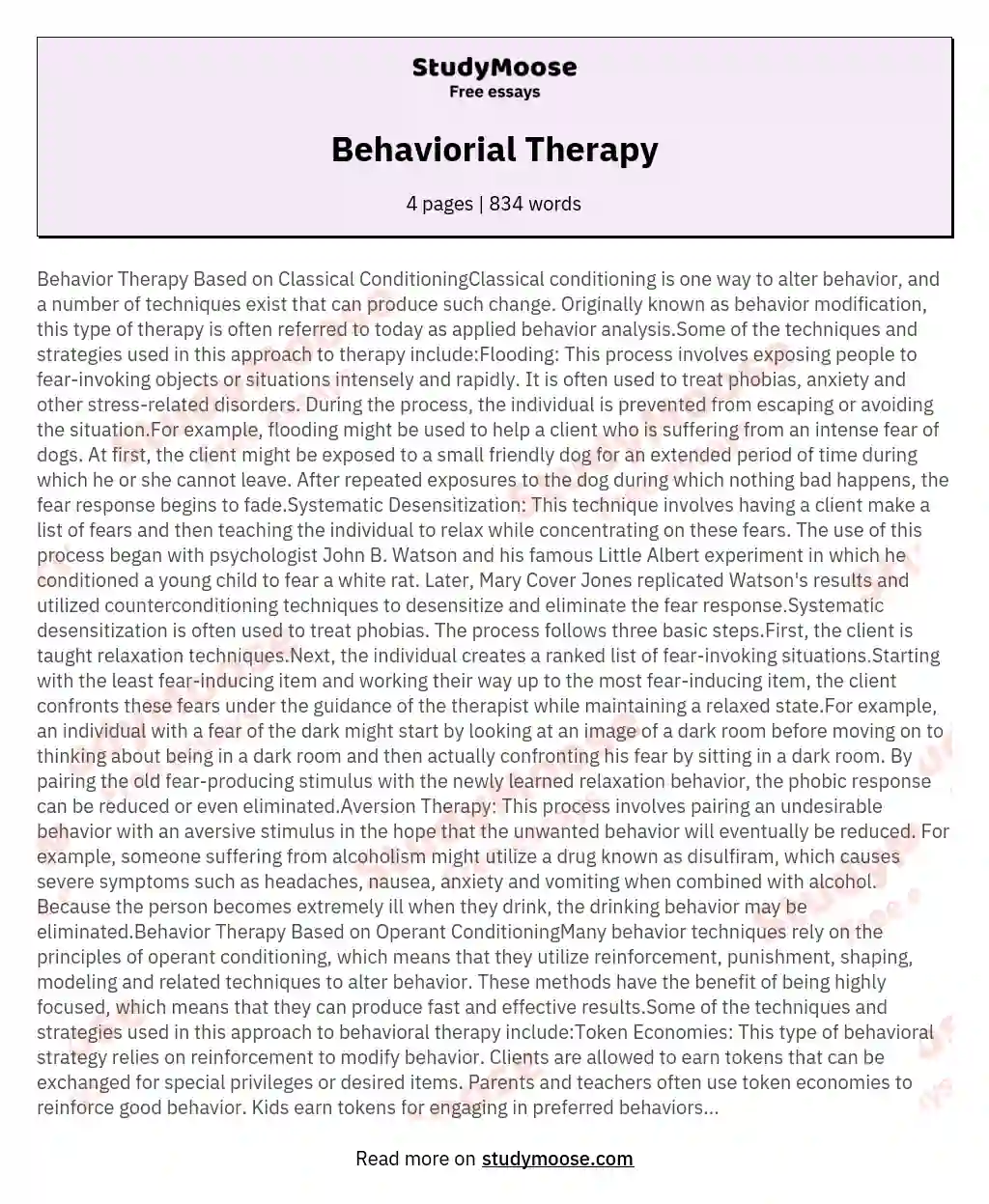 Behavior Therapy Based on Classical and Operant Conditioning essay