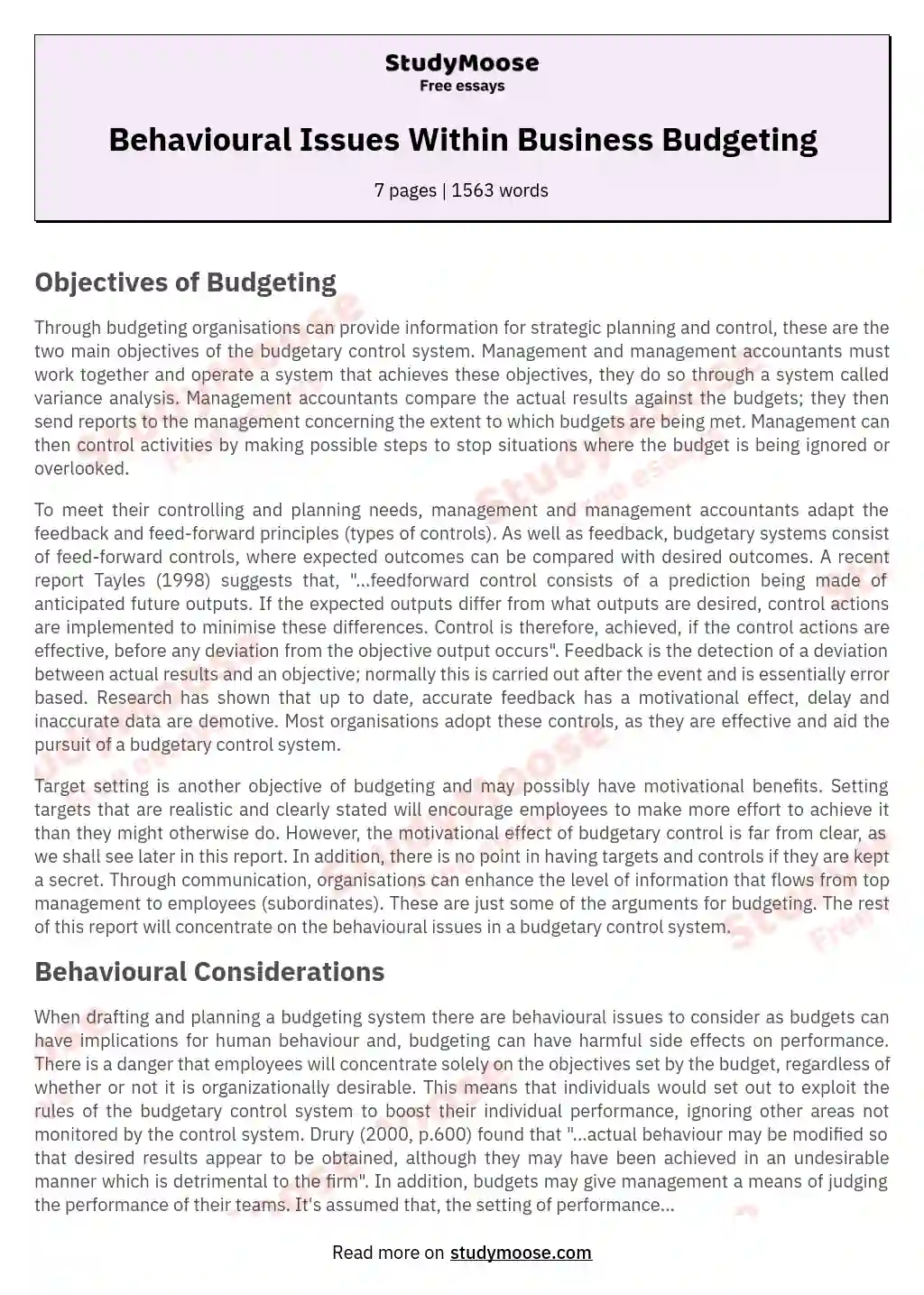 Behavioural Issues Within Business Budgeting