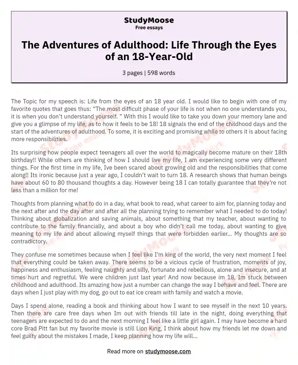 The Adventures of Adulthood: Life Through the Eyes of an 18-Year-Old essay