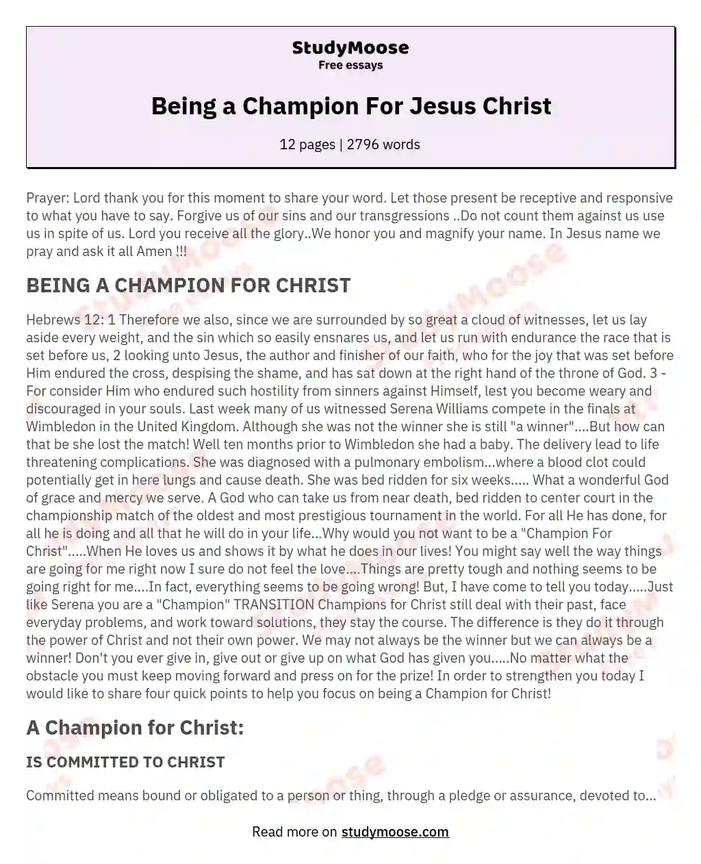 Being a Champion For Jesus Christ essay