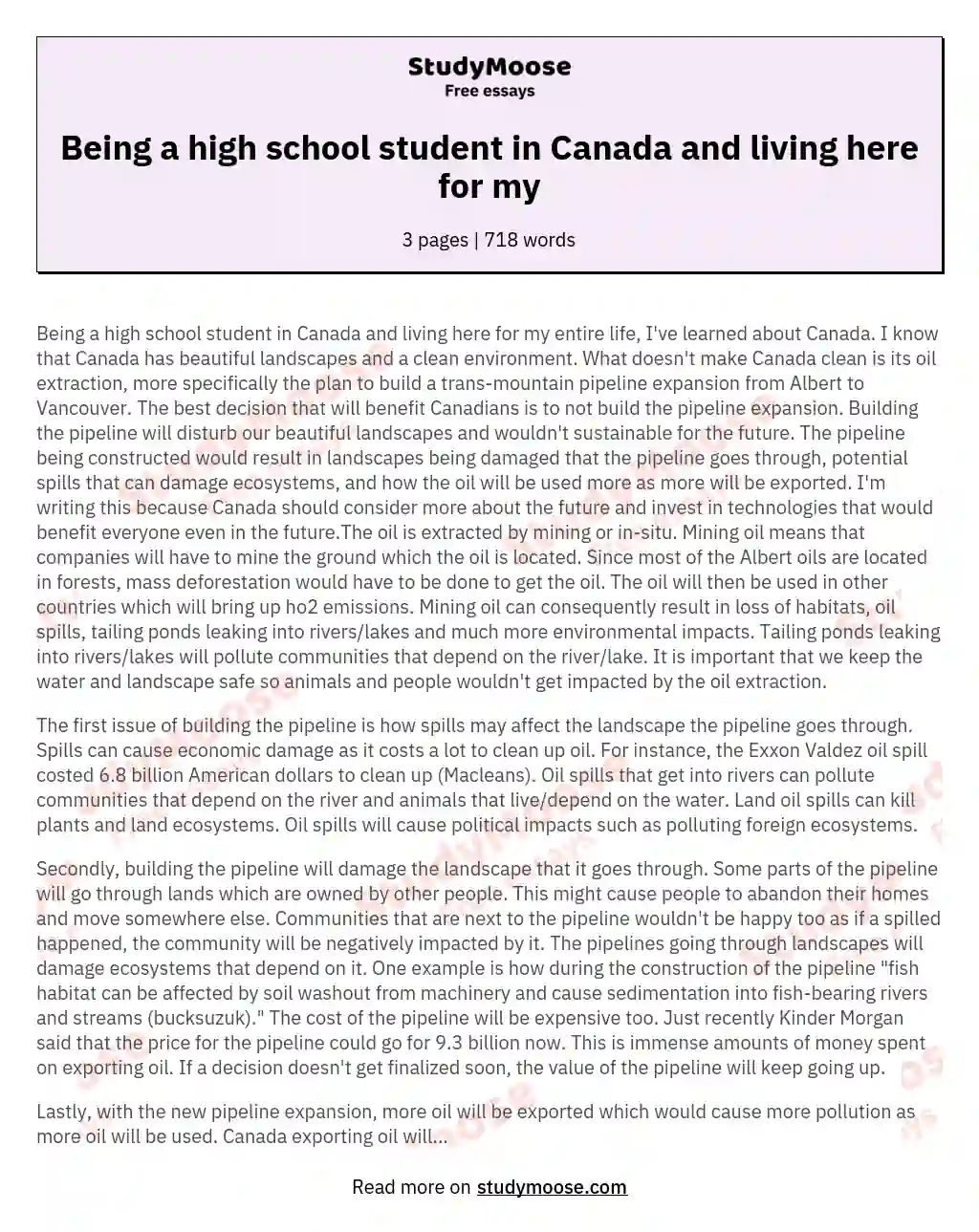 Being a high school student in Canada and living here for my essay