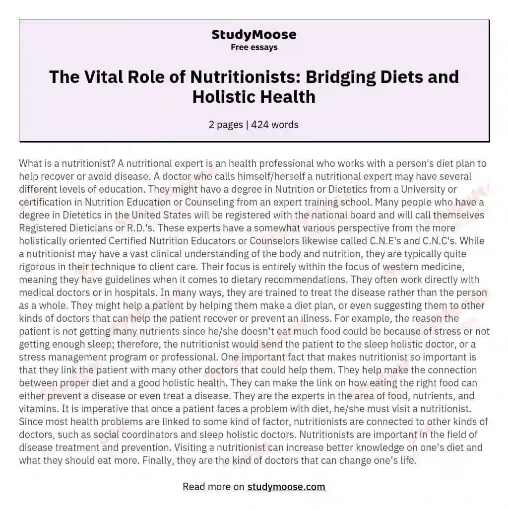 The Vital Role of Nutritionists: Bridging Diets and Holistic Health essay