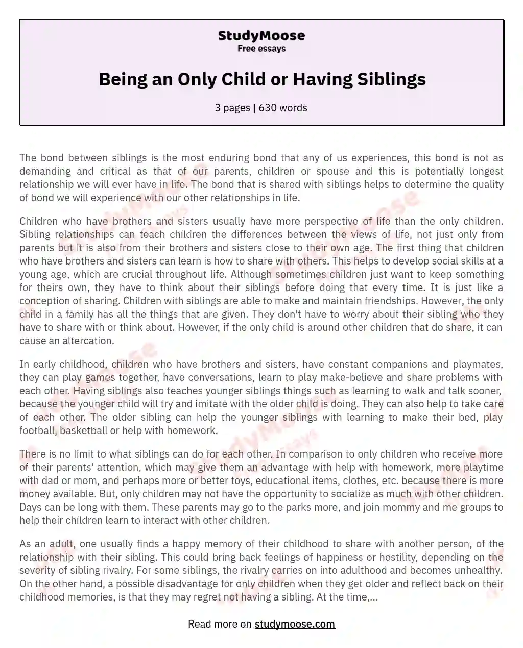 Being an Only Child or Having Siblings essay