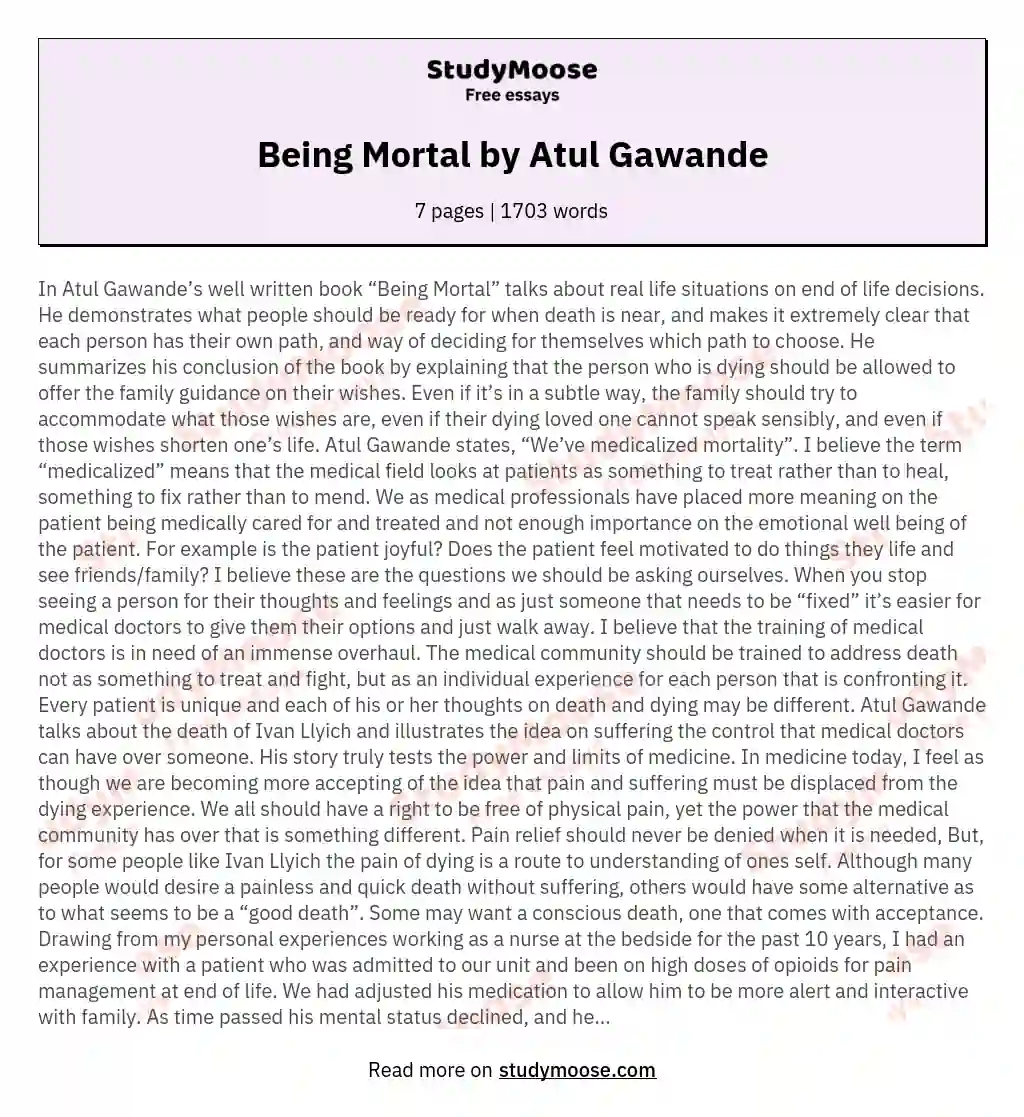 Being Mortal by Atul Gawande essay