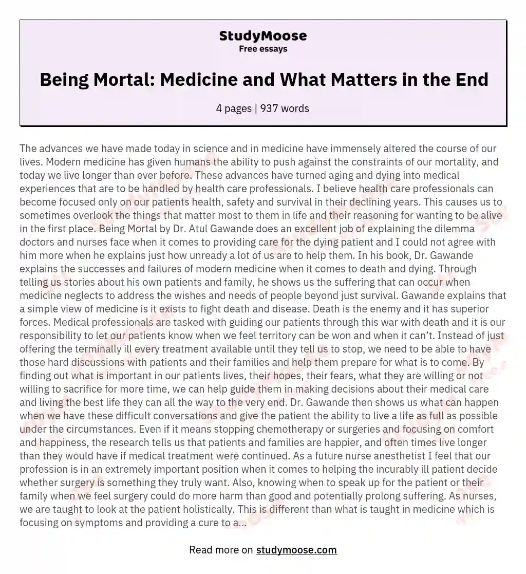 Being Mortal: Medicine and What Matters in the End essay