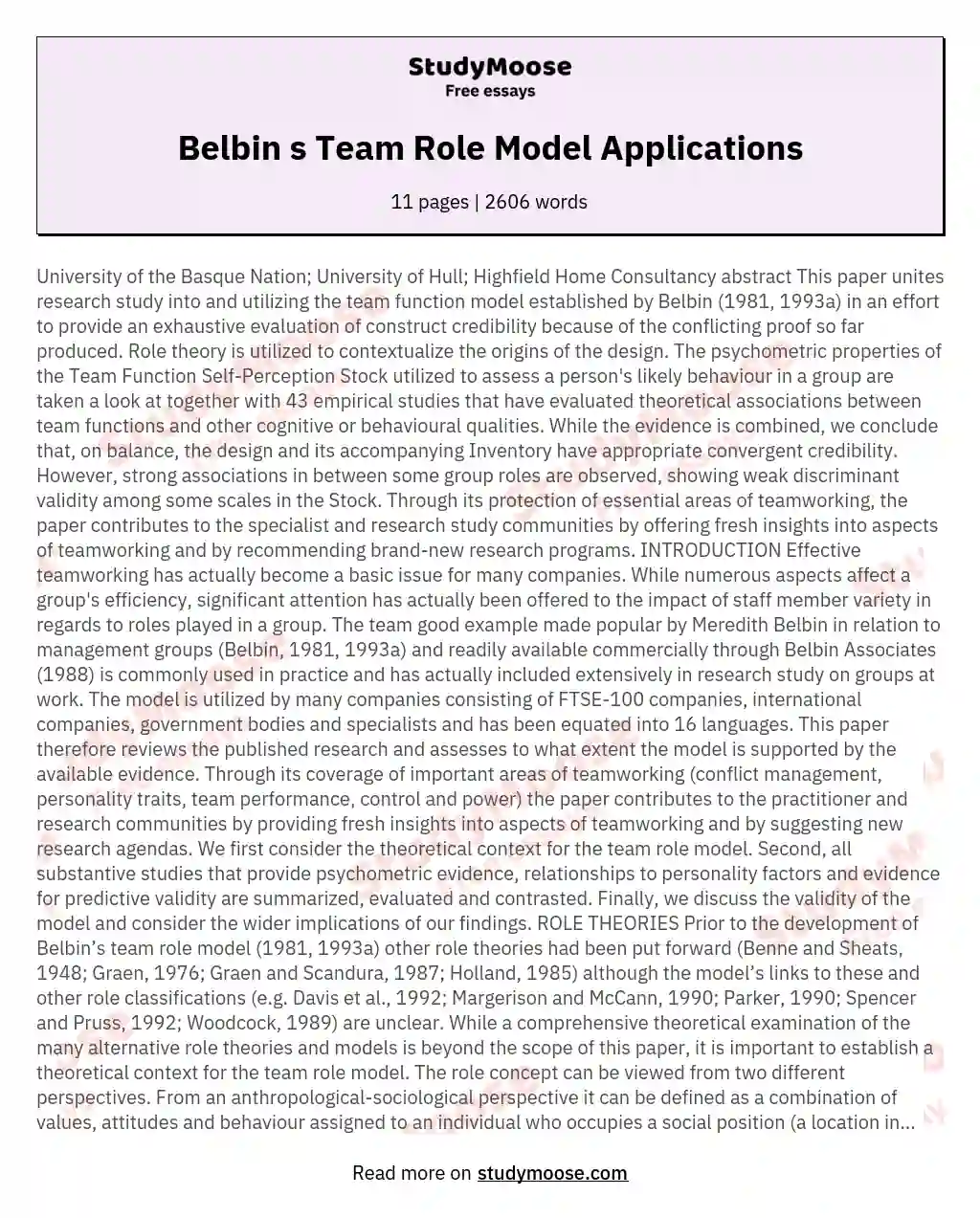 Belbin s Team Role Model Applications essay