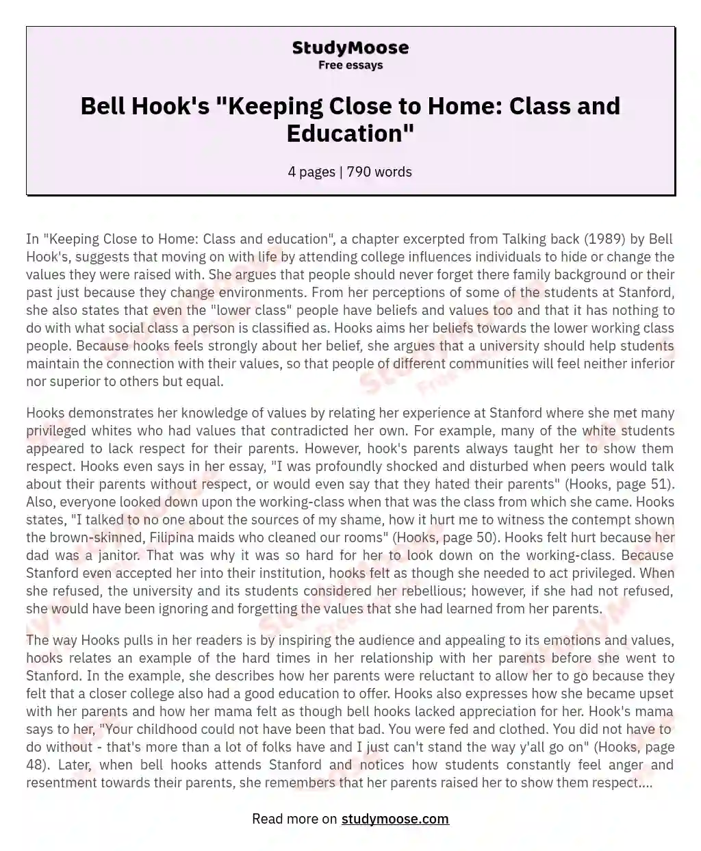 Bell Hook's "Keeping Close to Home: Class and Education" essay