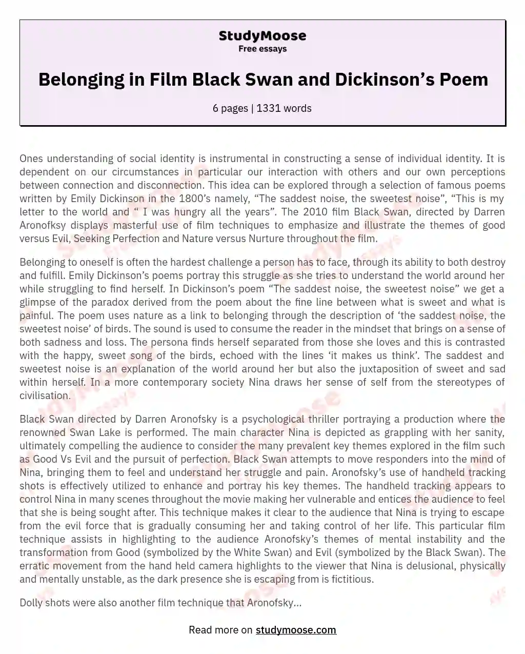 Belonging in Film Black Swan and Dickinson’s Poem