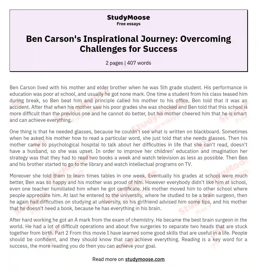 Ben Carson's Inspirational Journey: Overcoming Challenges for Success essay