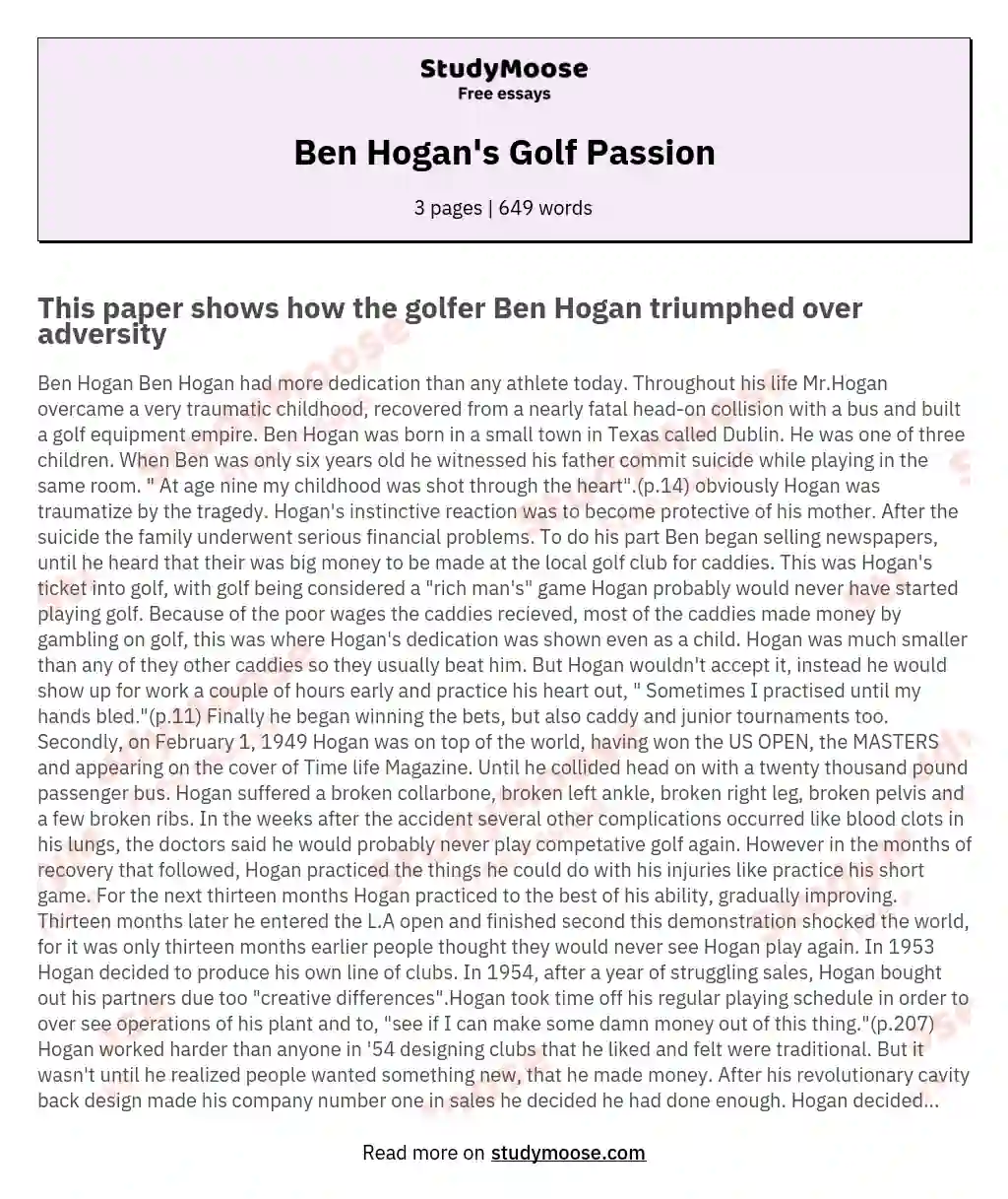 Ben Hogan's Golf Passion essay