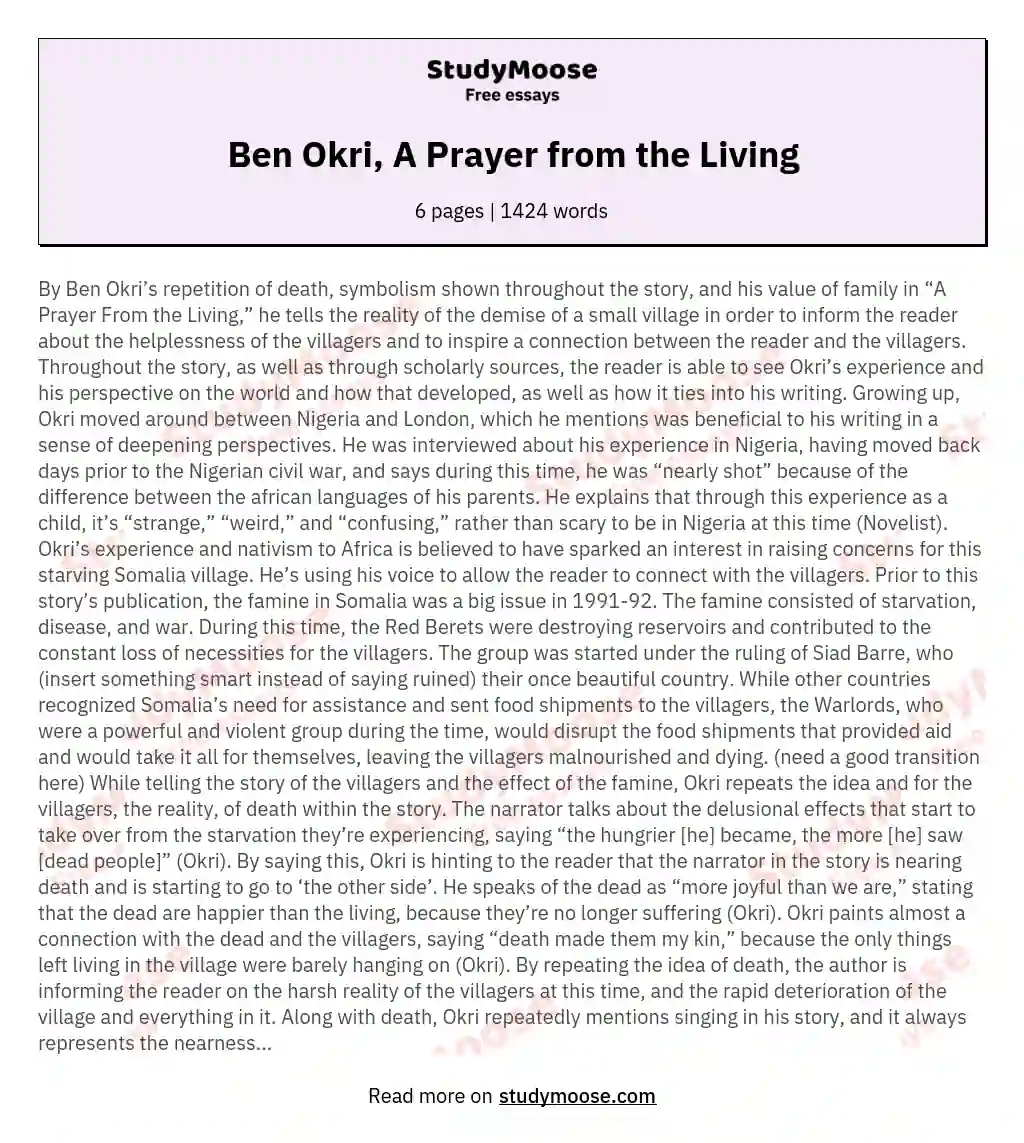 Ben Okri, A Prayer from the Living essay