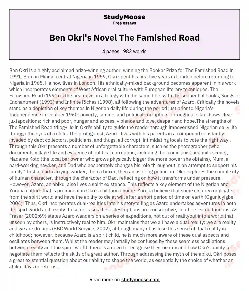 Ben Okri's Novel The Famished Road essay