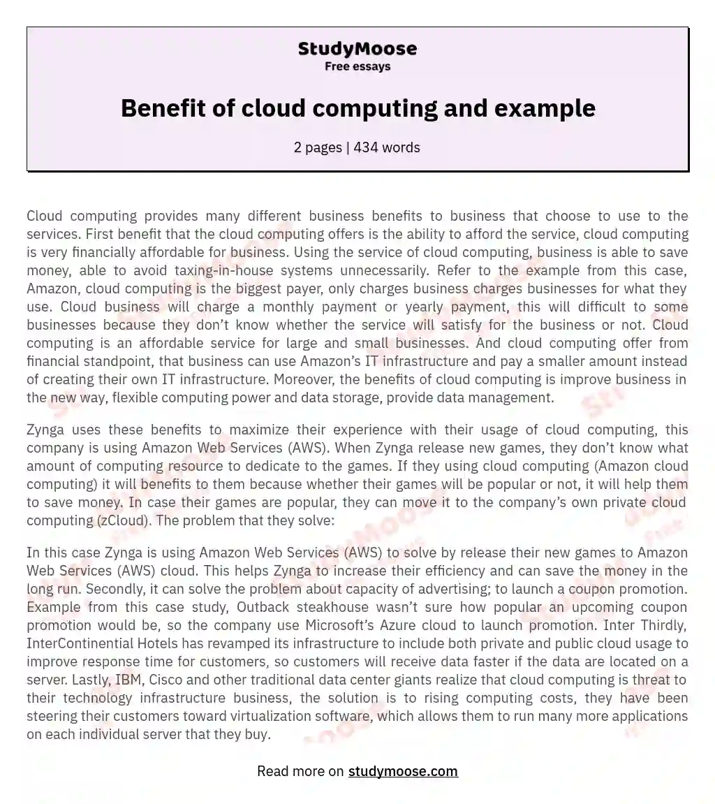 Benefit of cloud computing and example essay