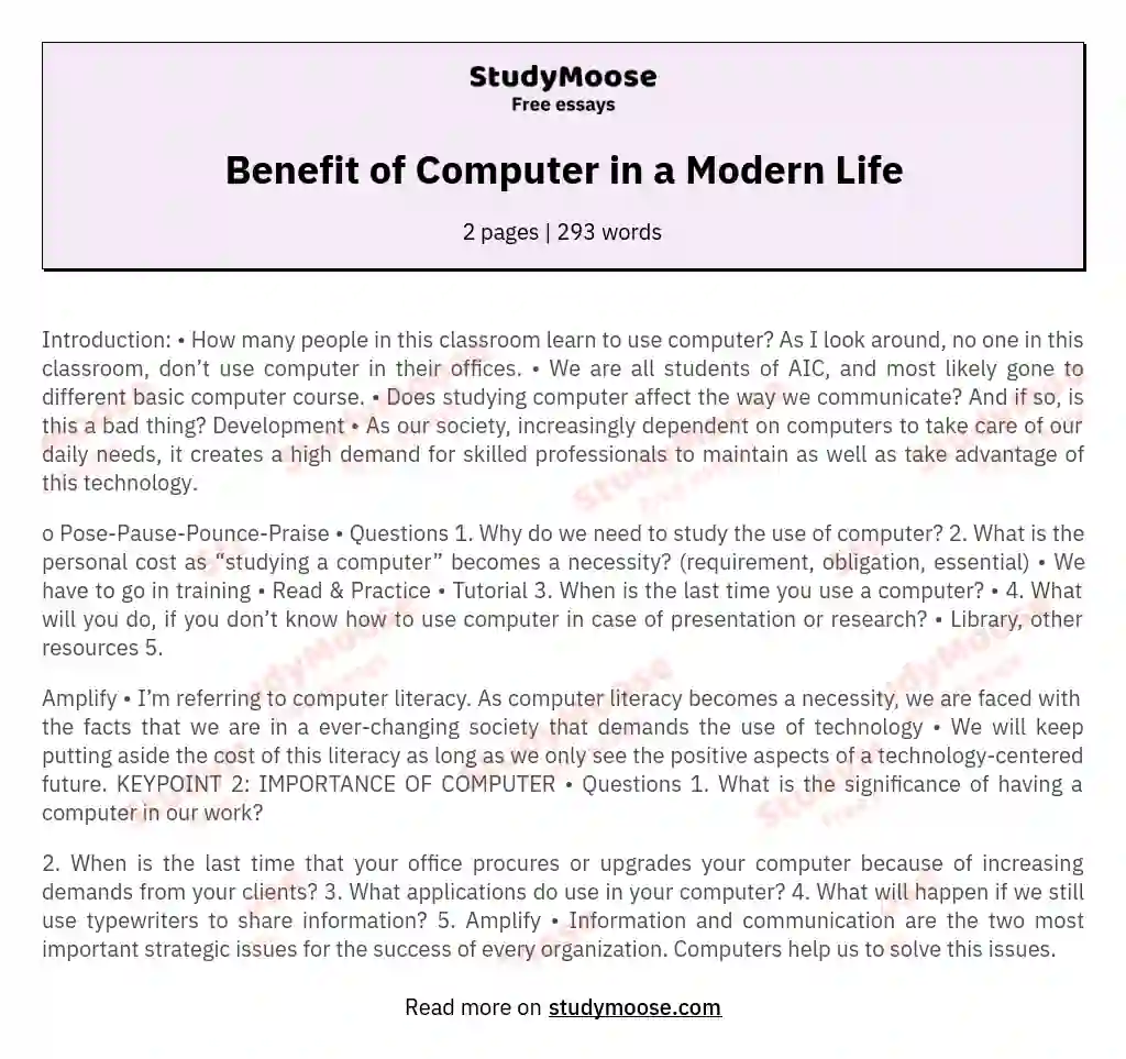 Benefit of Computer in a Modern Life essay
