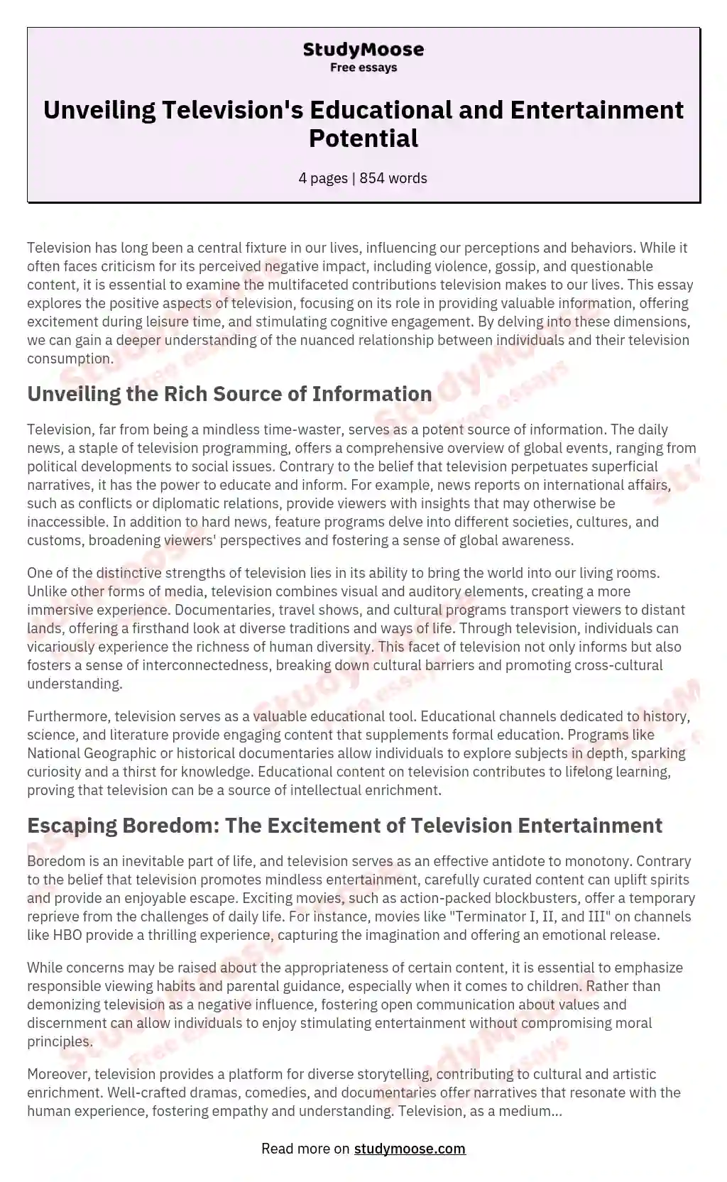 Unveiling Television's Educational and Entertainment Potential essay