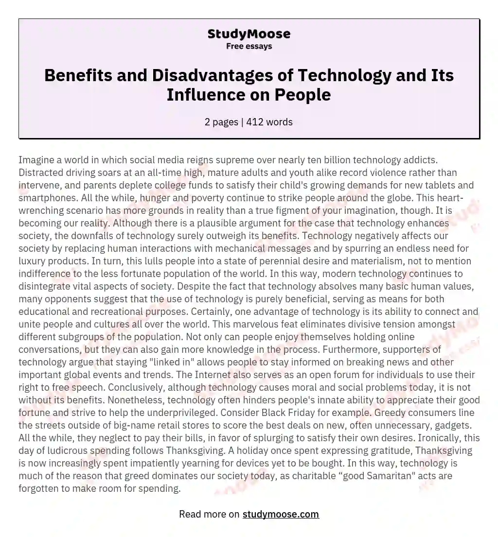Benefits and Disadvantages of Technology and Its Influence on People essay