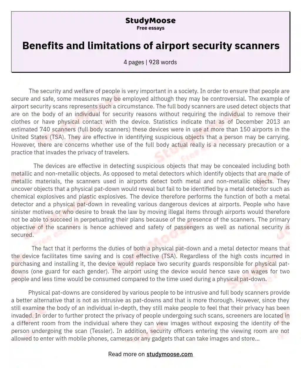 Benefits and limitations of airport security scanners essay