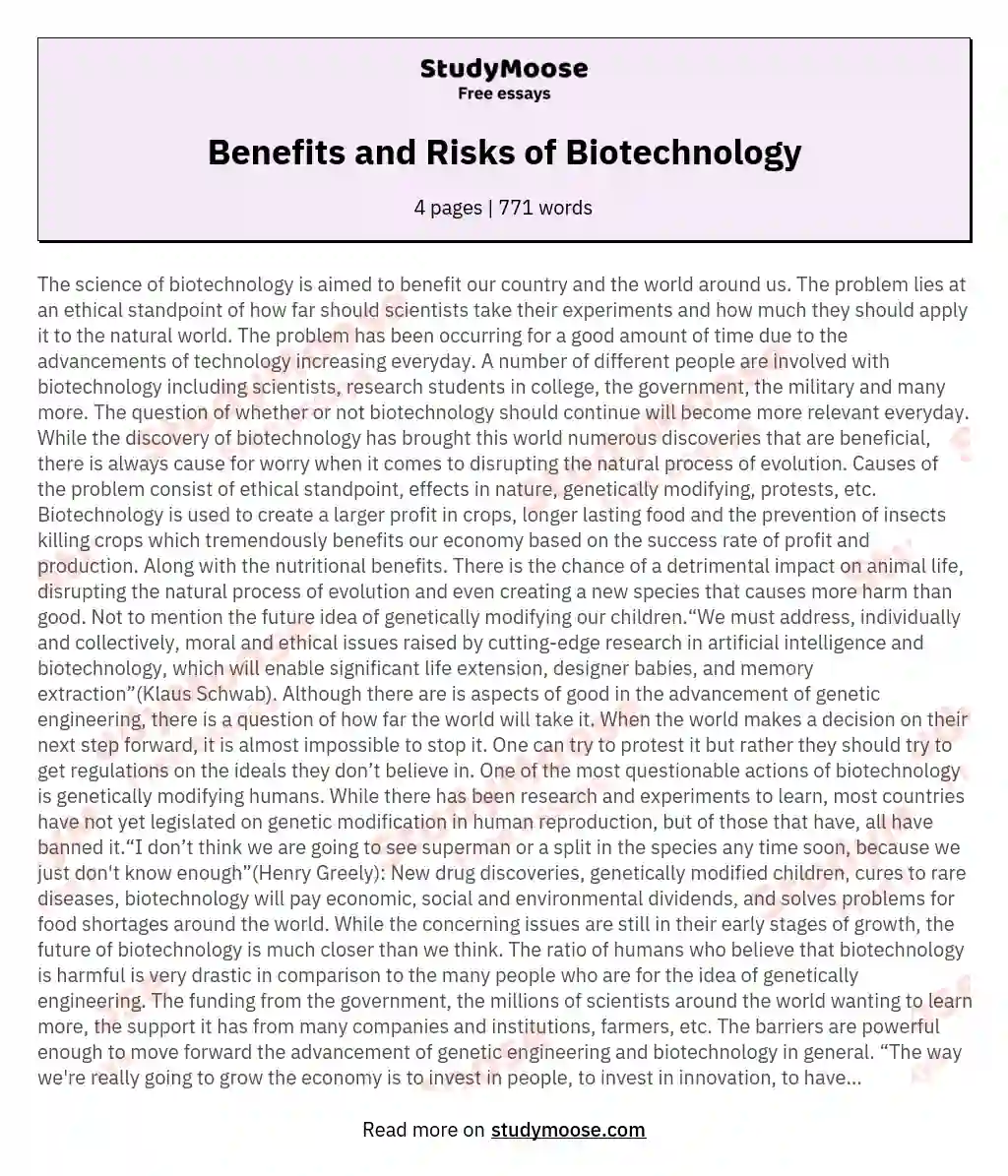 Benefits and Risks of Biotechnology essay