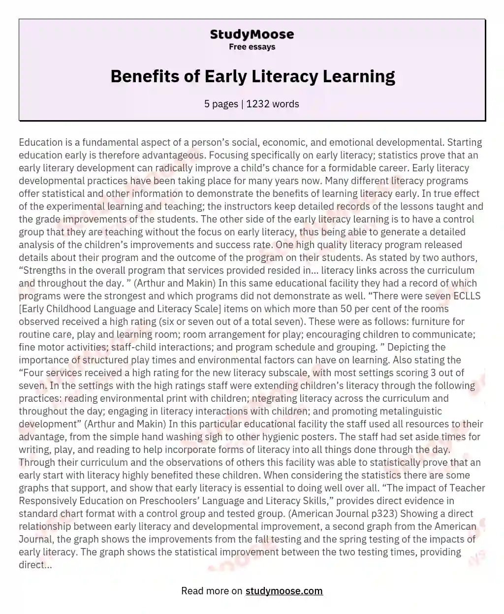 Benefits of Early Literacy Learning essay
