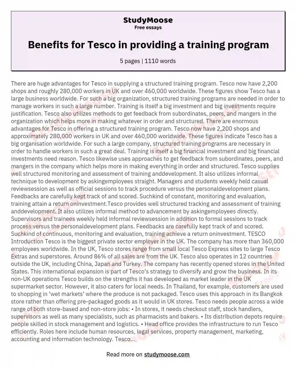 Benefits for Tesco in providing a training program essay