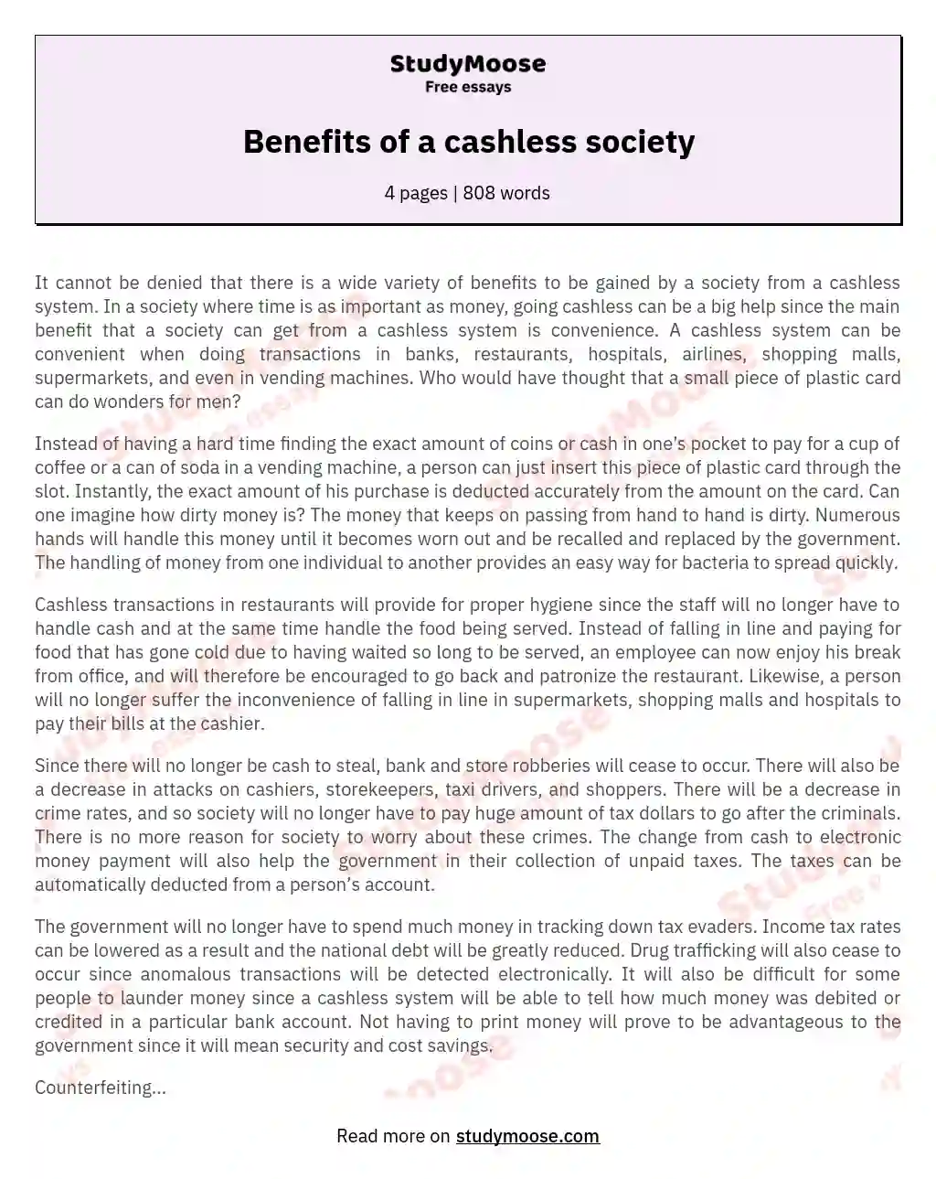 Benefits of a cashless society essay
