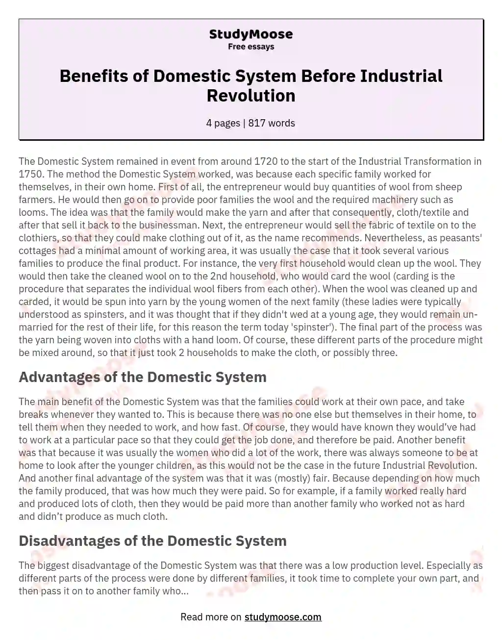 Benefits of Domestic System Before Industrial Revolution essay