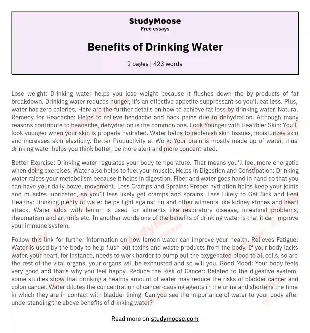 Benefits of Drinking Water essay