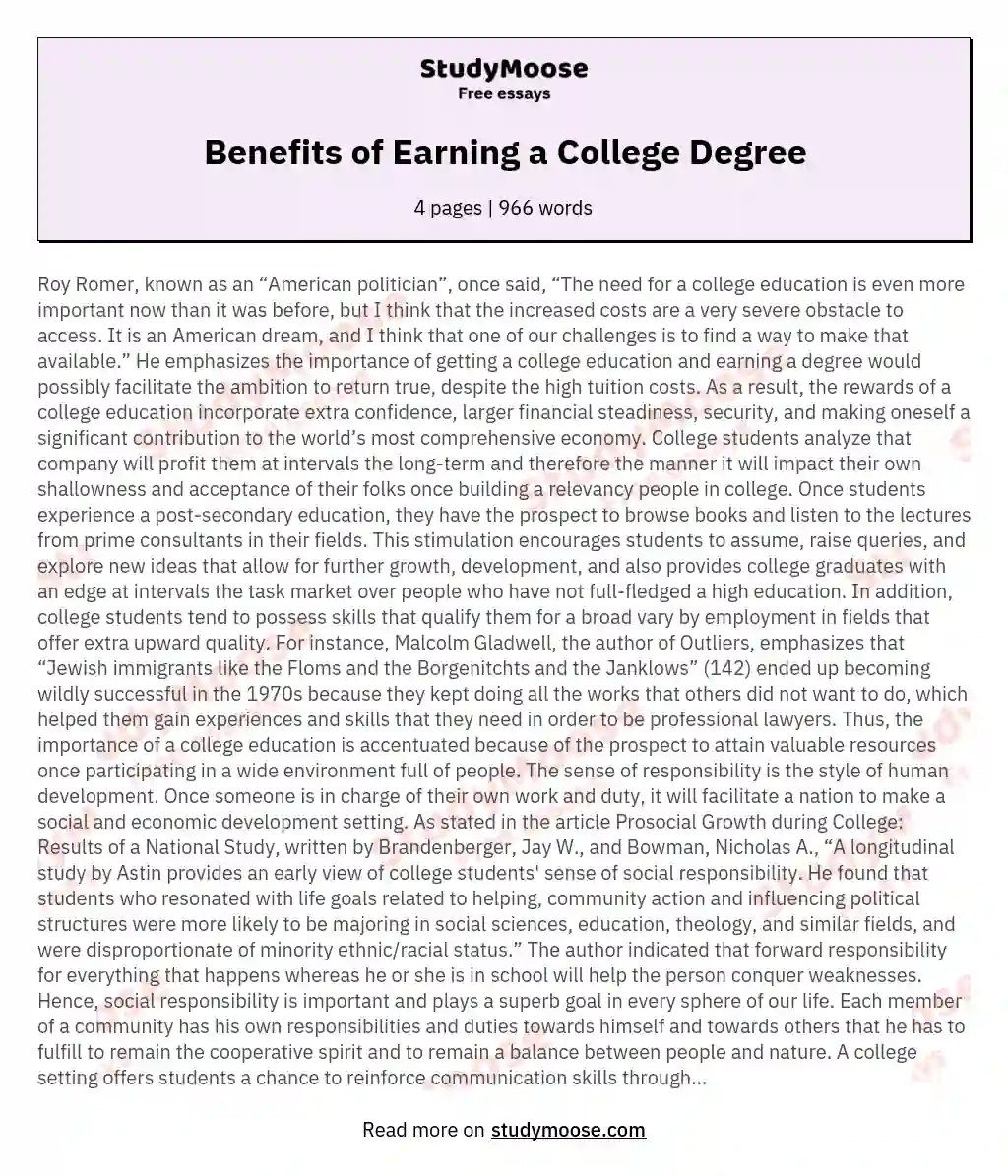 Benefits of Earning a College Degree essay
