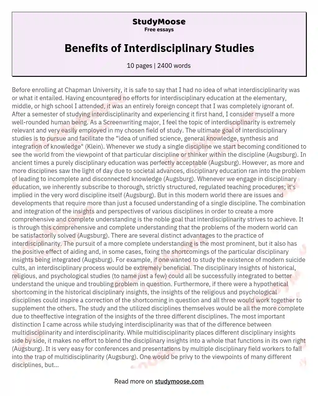 Benefits of Interdisciplinary Studies essay