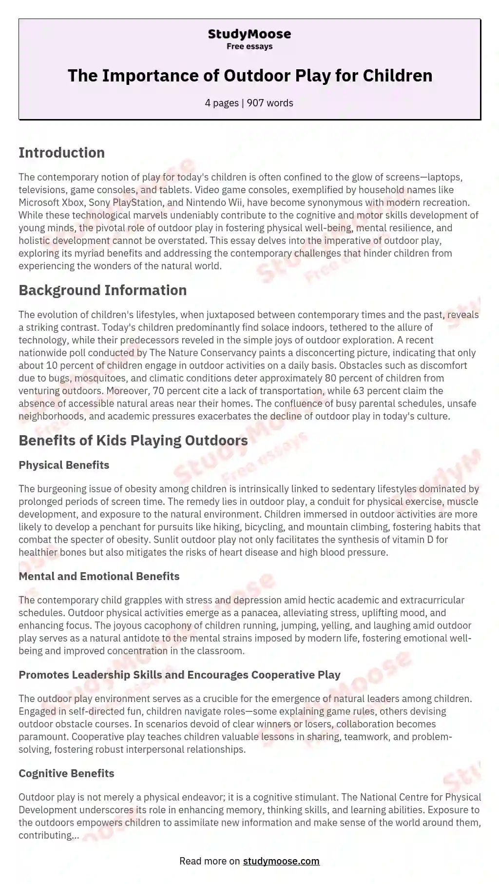 The Importance of Outdoor Play for Children essay