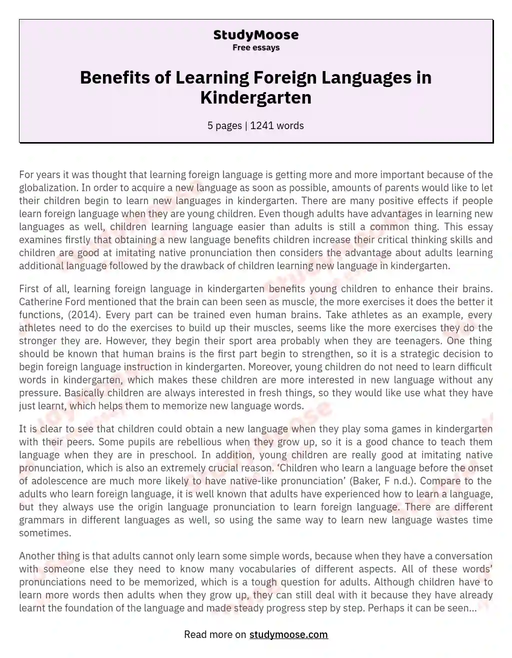 Benefits of Learning Foreign Languages in Kindergarten essay