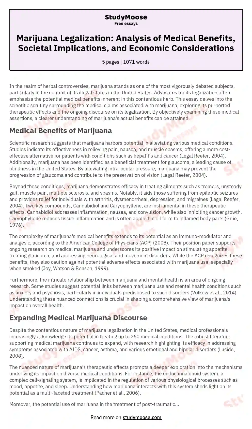 Marijuana Legalization: Analysis of Medical Benefits, Societal Implications, and Economic Considerations essay