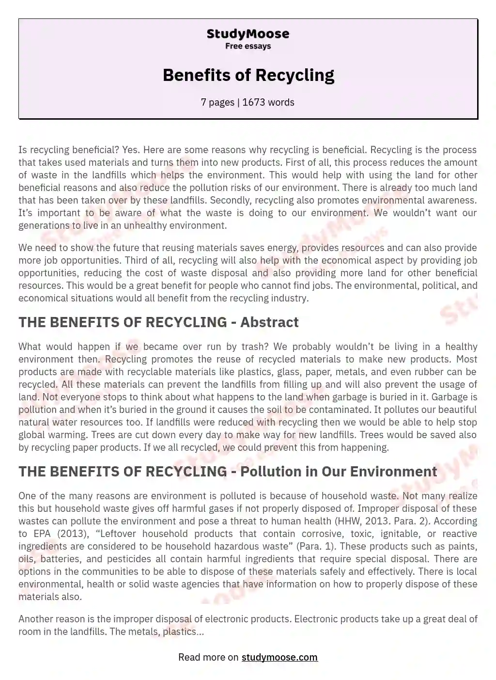 Benefits of Recycling essay